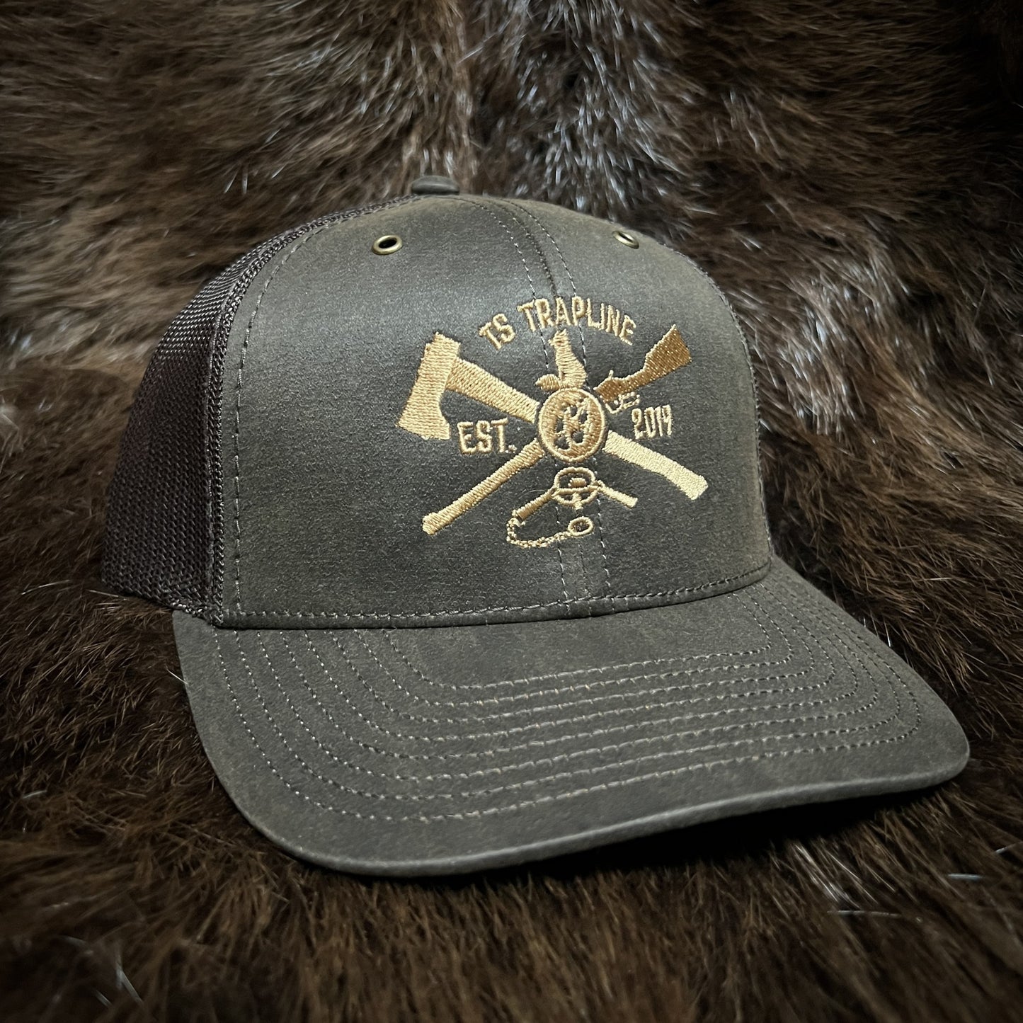 Richardson 112 Brown Oilcloth/Mesh Back Trucker w/ Bronze Ax & Rifle logo