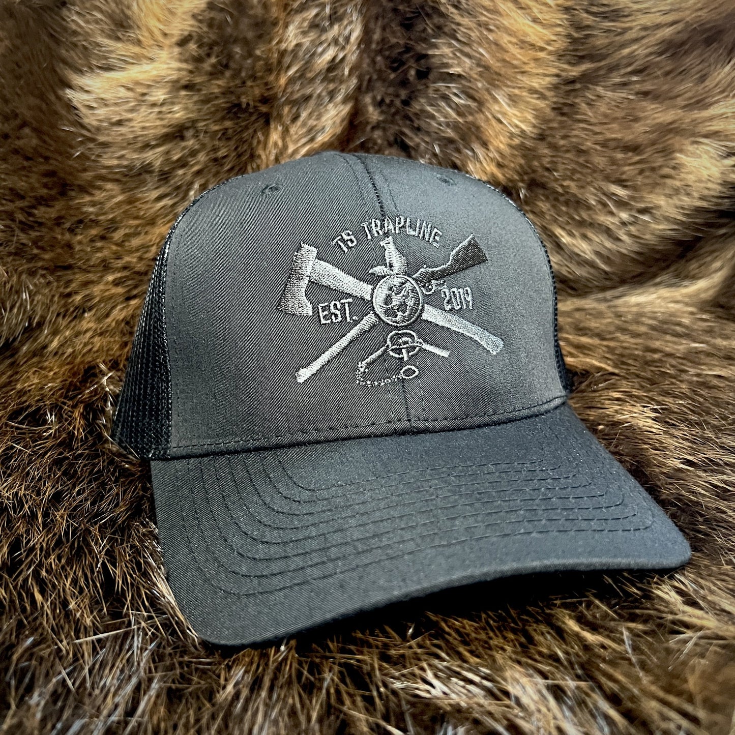 Mesh Back Trucker w/ TS Ax & Rifle logo - Tonal Black