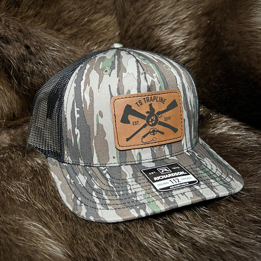 Richardson 112FP Mesh Back Trucker Hat w/ Brown Leather Ax & Rifle Logo Patch