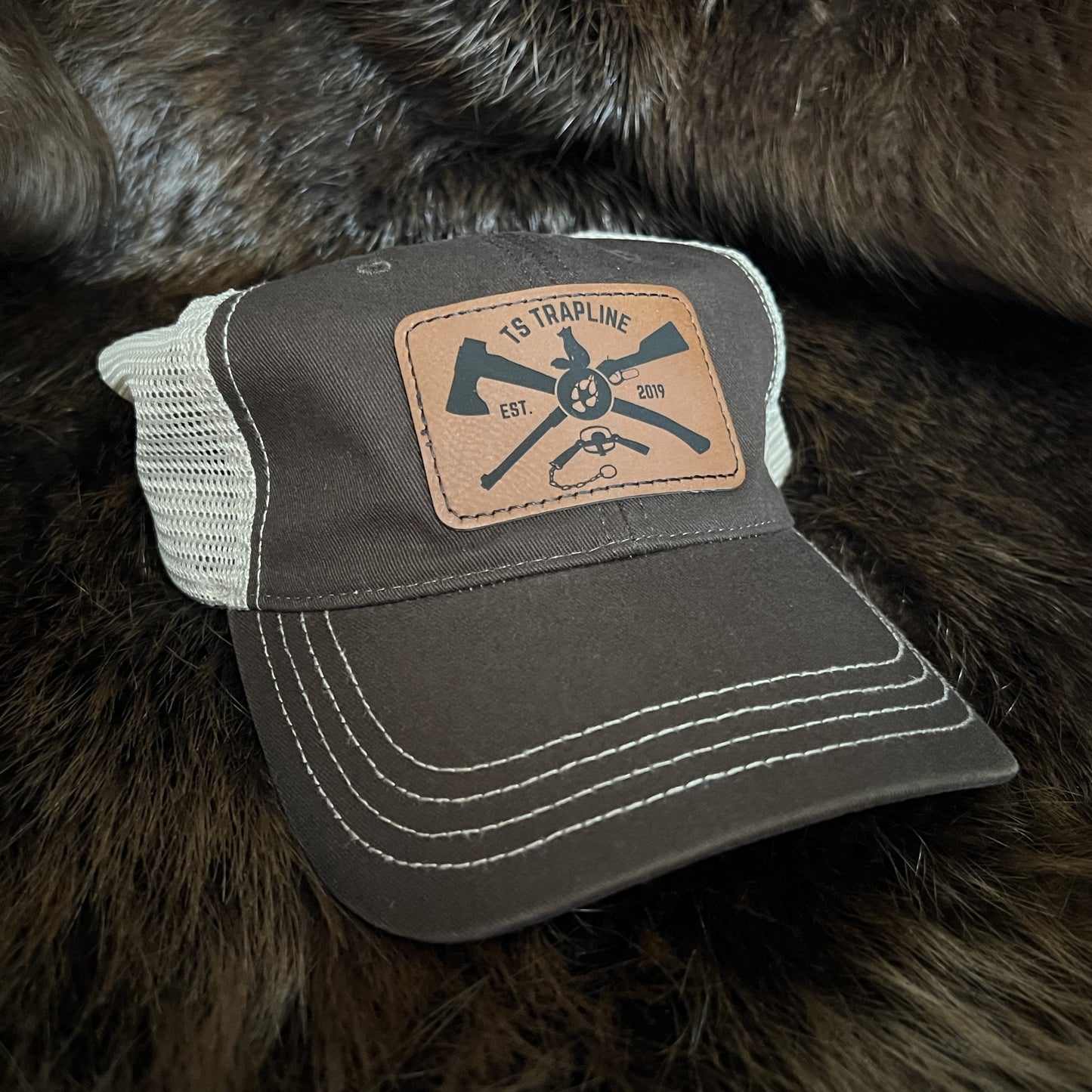 LOW PROFILE/UNSTRUCTURED Mesh Back Trucker w/ Brown Ax & Rifle Patch - Brown/Khaki Mesh