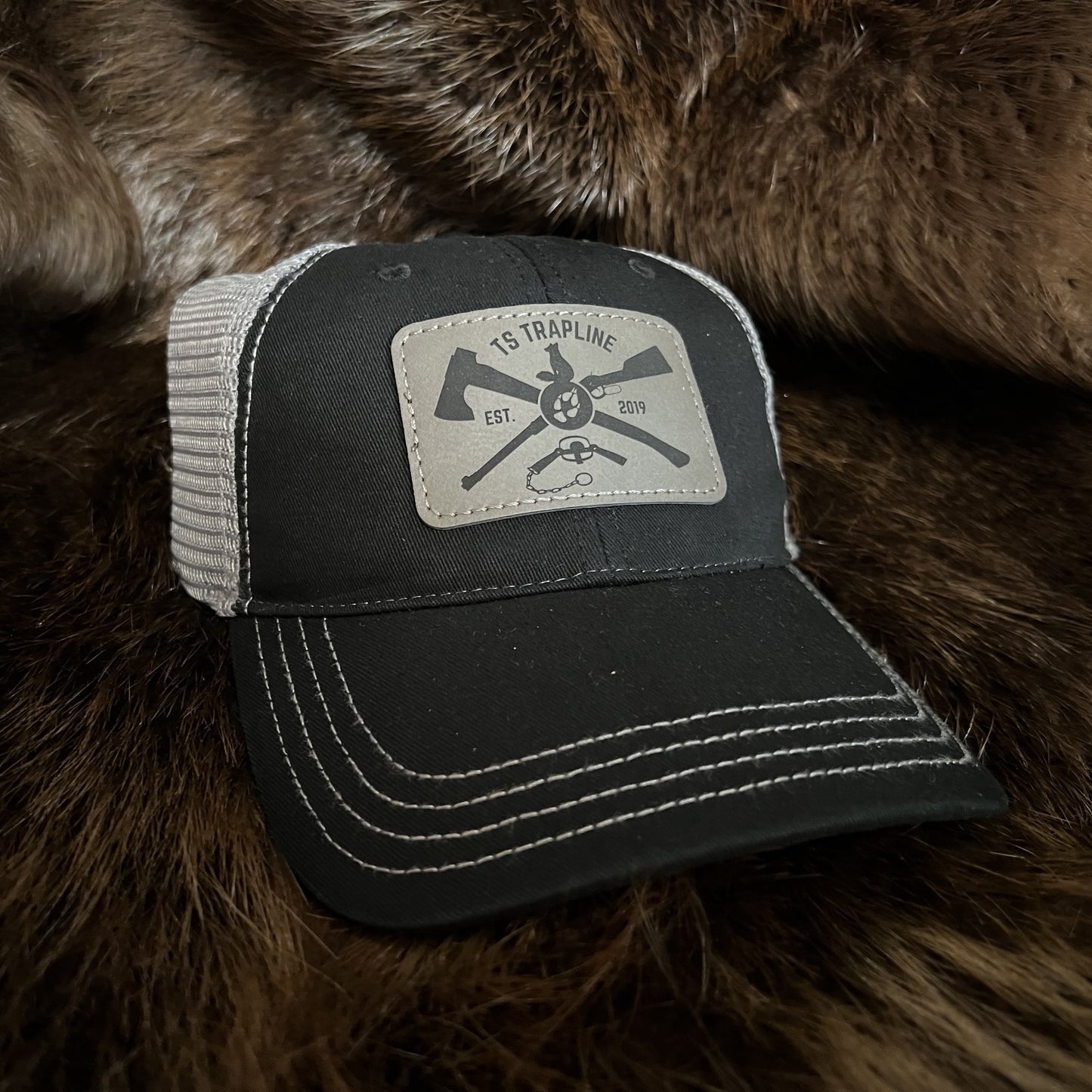 LOW PROFILE/UNSTRUCTURED Mesh Back Trucker w/ Gray Ax & Rifle Patch - Black/Charcoal Mesh