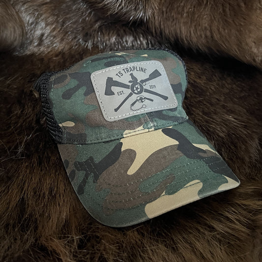 LOW PROFILE/UNSTRUCTURED Mesh Back Trucker w/ Gray Ax & Rifle Patch - Woodland Camo/Black Mesh