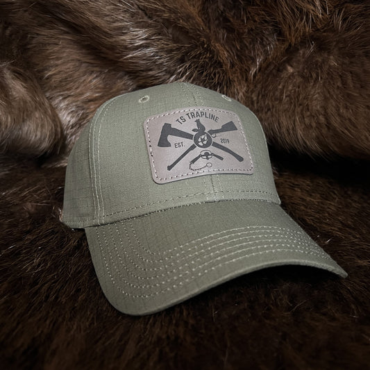 "TRAPLINE SERIES" Olive Ripstop Solid Back Cap w/ Gray Ax & Rifle leather patch