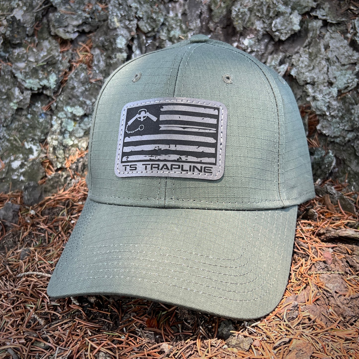 Olive Ripstop Solid Back Cap w/ TS Tattered Flag logo leather patch