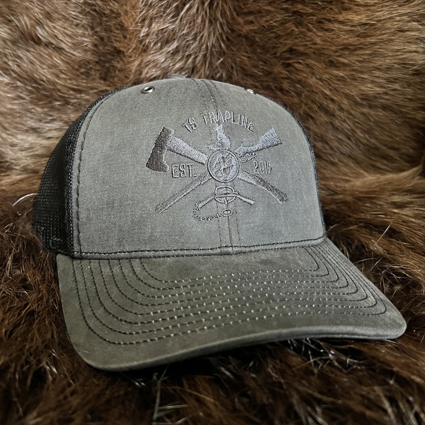 Richardson 112 Charcoal Oilcloth/Mesh Back Trucker w/ Tonal Charcoal Ax & Rifle logo