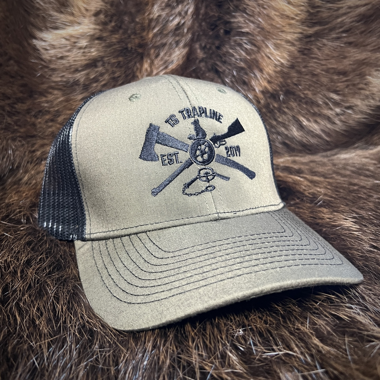 Mesh Back Trucker w/ TS Ax & Rifle logo - Olive/Black