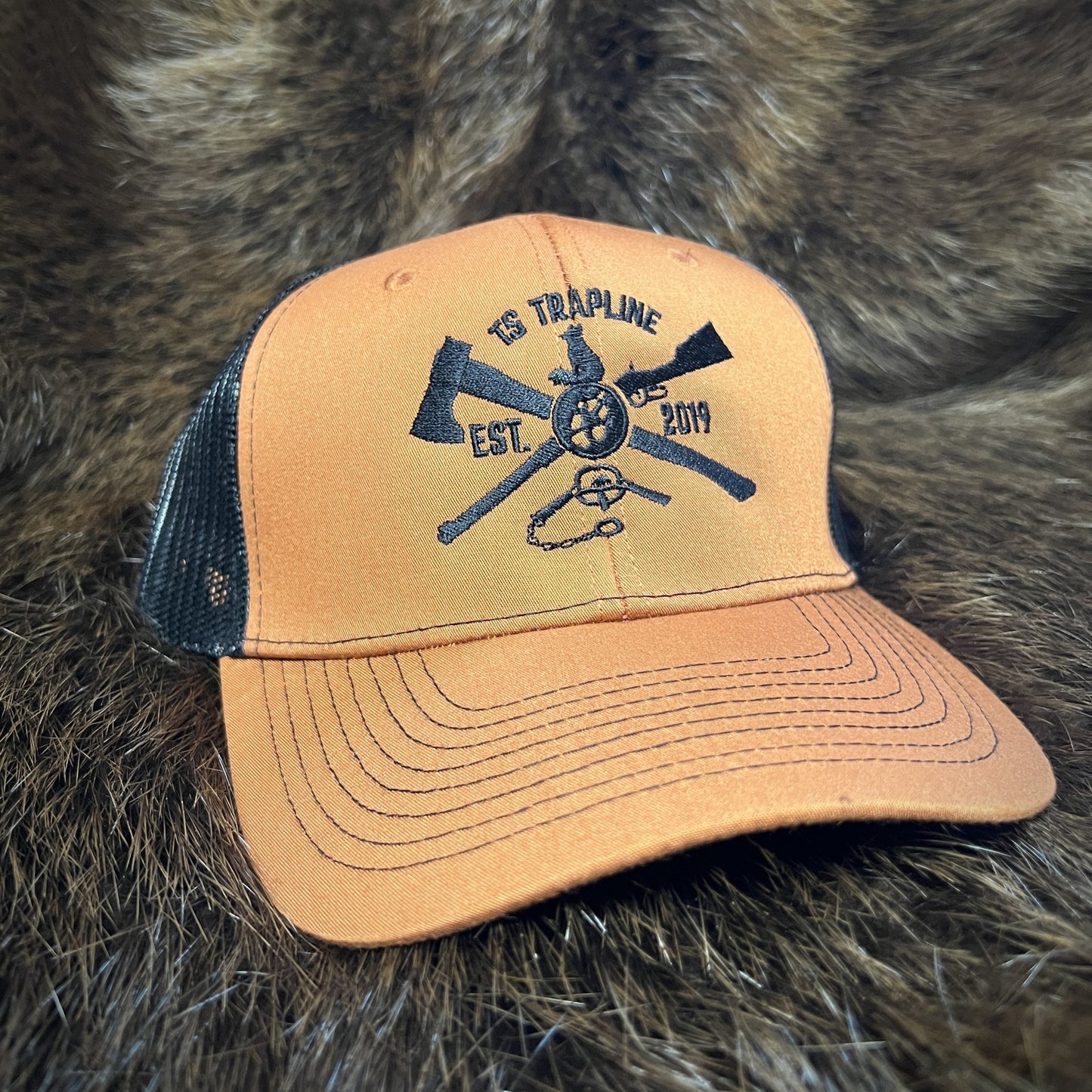 Mesh Back Trucker w/ TS Ax & Rifle logo - Caramel/Black