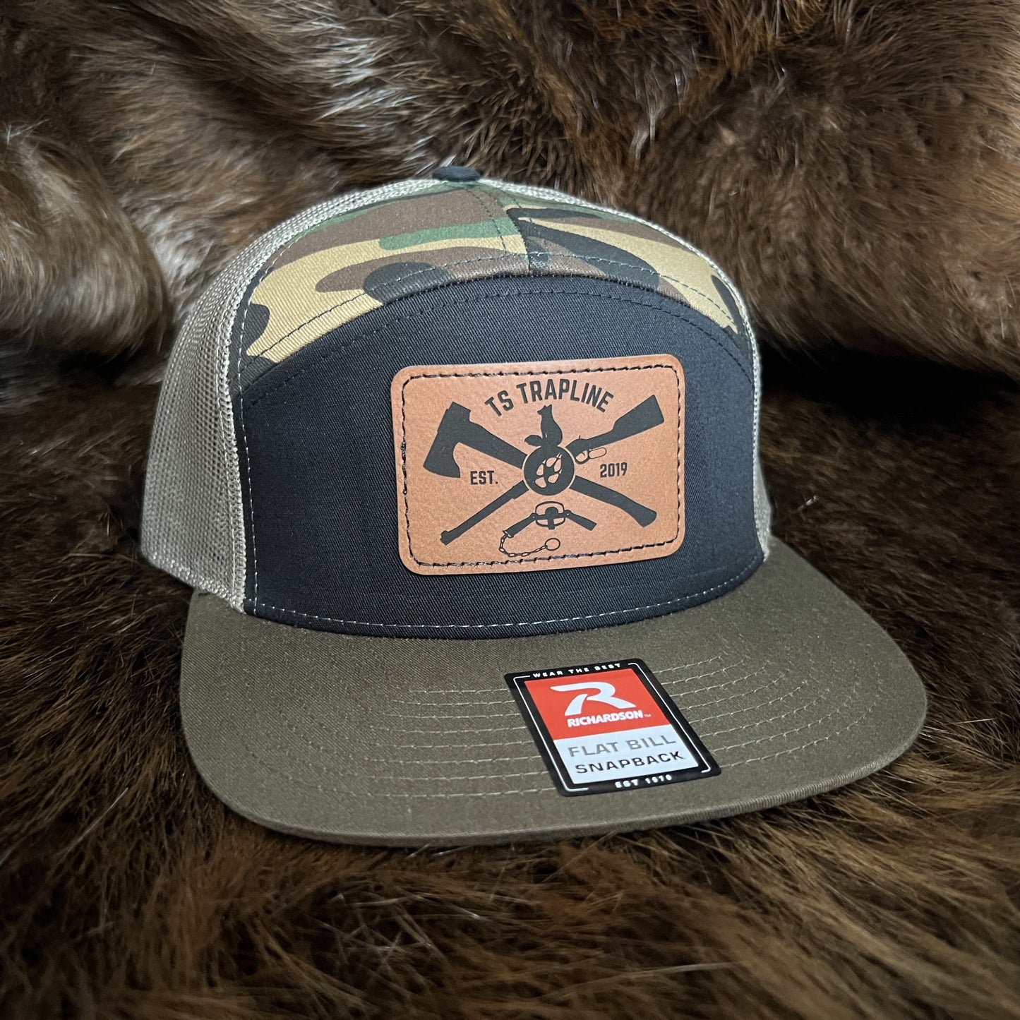 Richardson 7-Panel Mesh Back Trucker Hat w/ Leather Ax & Rifle Logo Patch