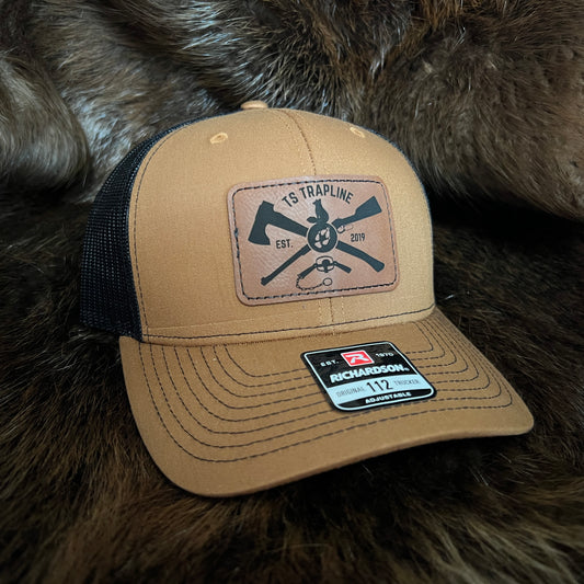 Richardson 112 Mesh Back Trucker Hat w/ Brown Leather Ax & Rifle Logo Patch